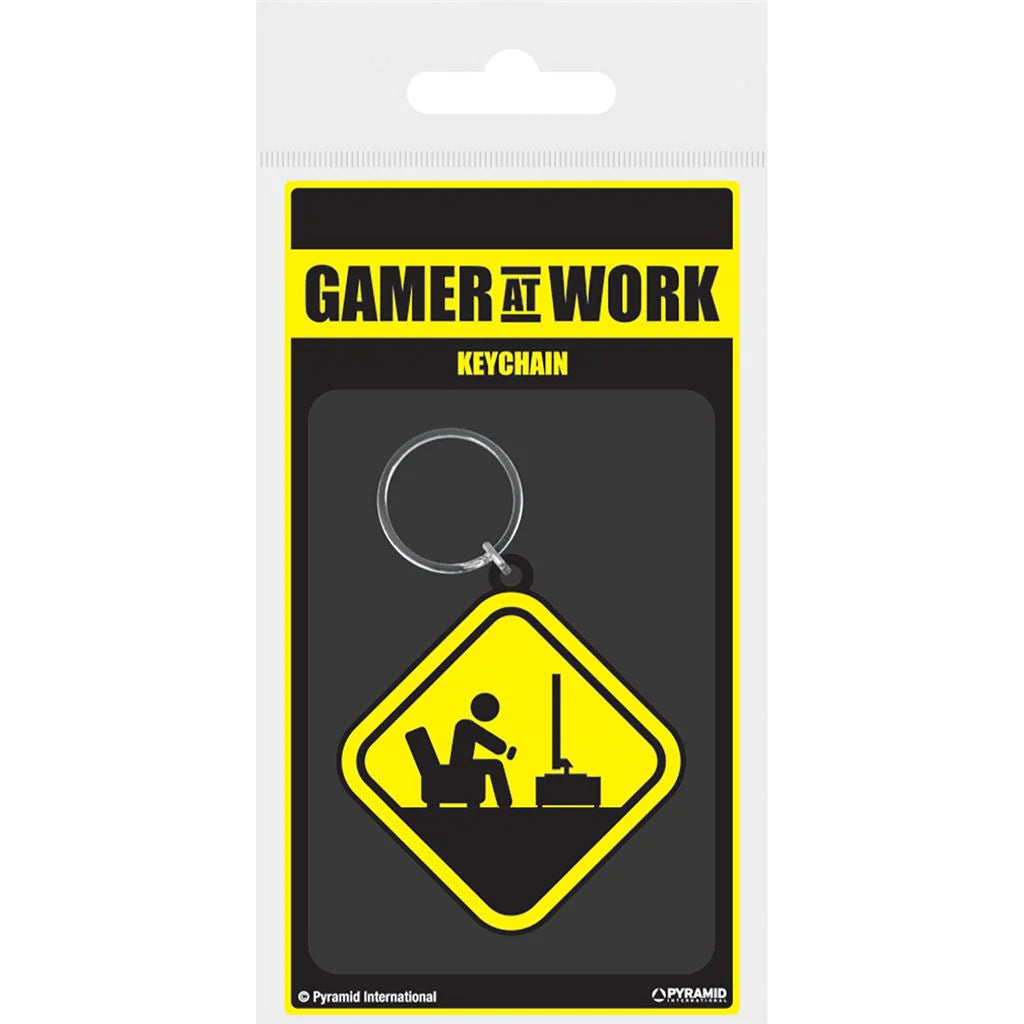 Gamer At Work (Caution Sign) - Rubber Keychain